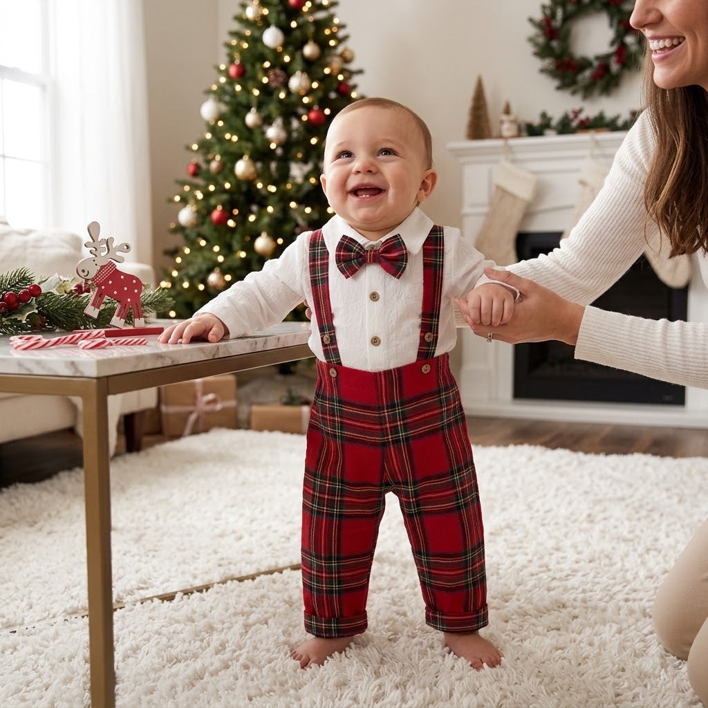 Baby Boy Gentleman Romper Set with Plaid Suspender Pants & Bow Tie