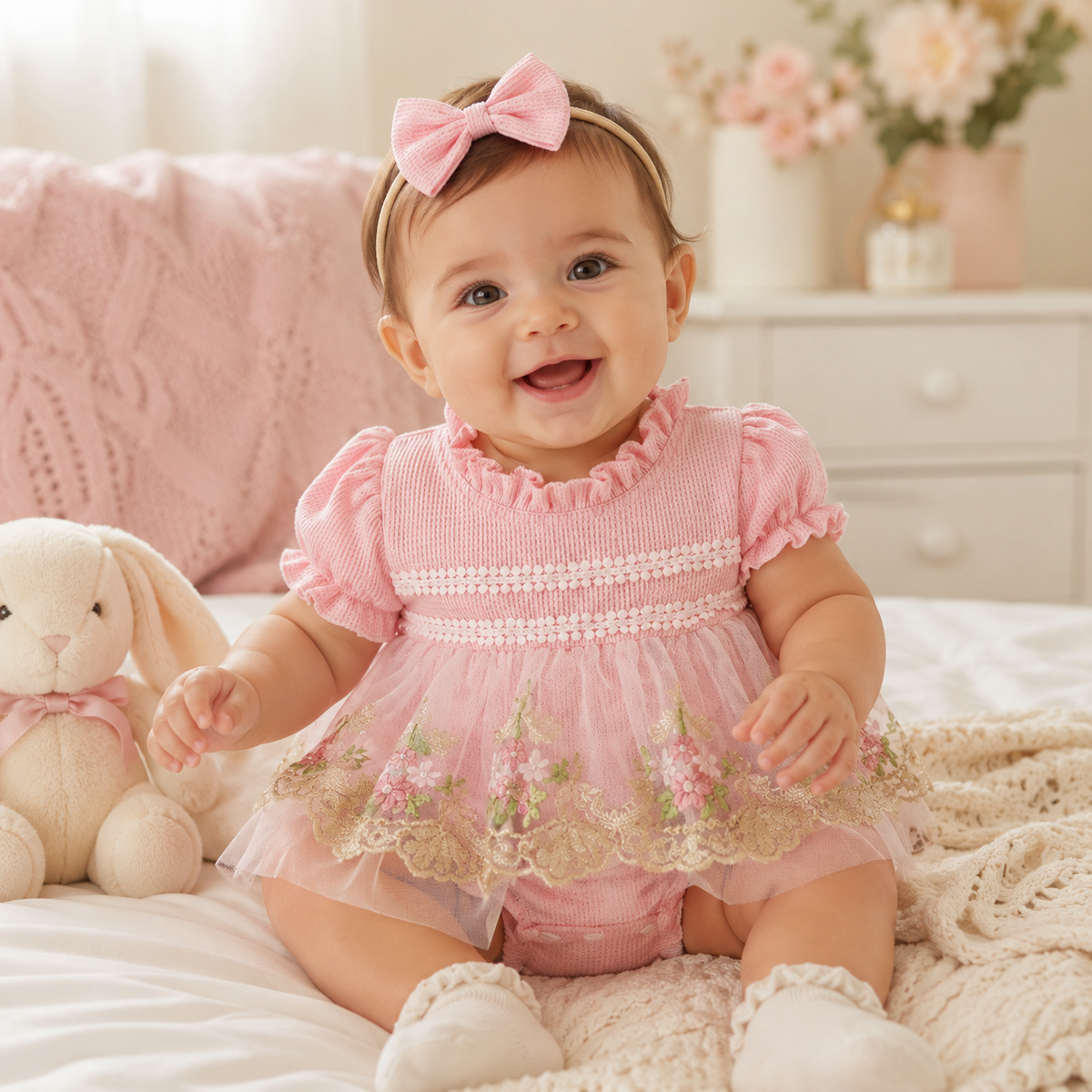 Baby Girl Romper Dress & Bow Headband Set - Floral Tulle Embroidery