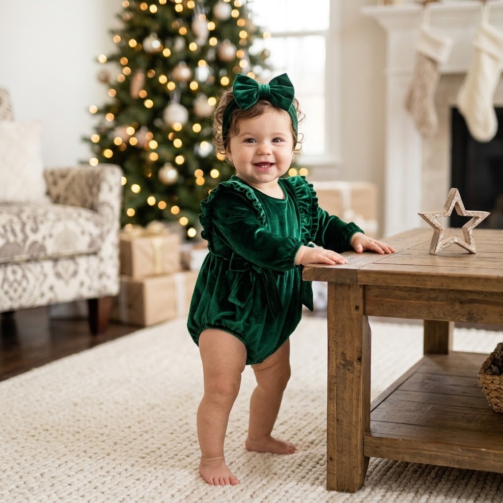 Baby Girl Ruffle Bow Romper & Headband Set