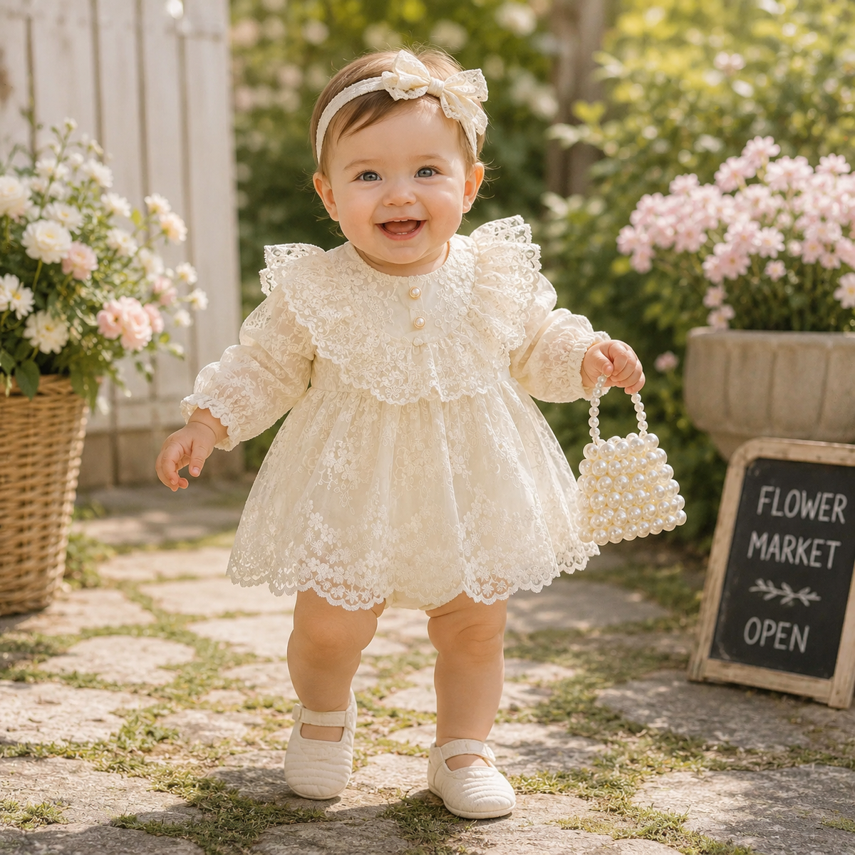 Baby Girl Vintage Lace Princess Romper Dress with Ruffled Collar