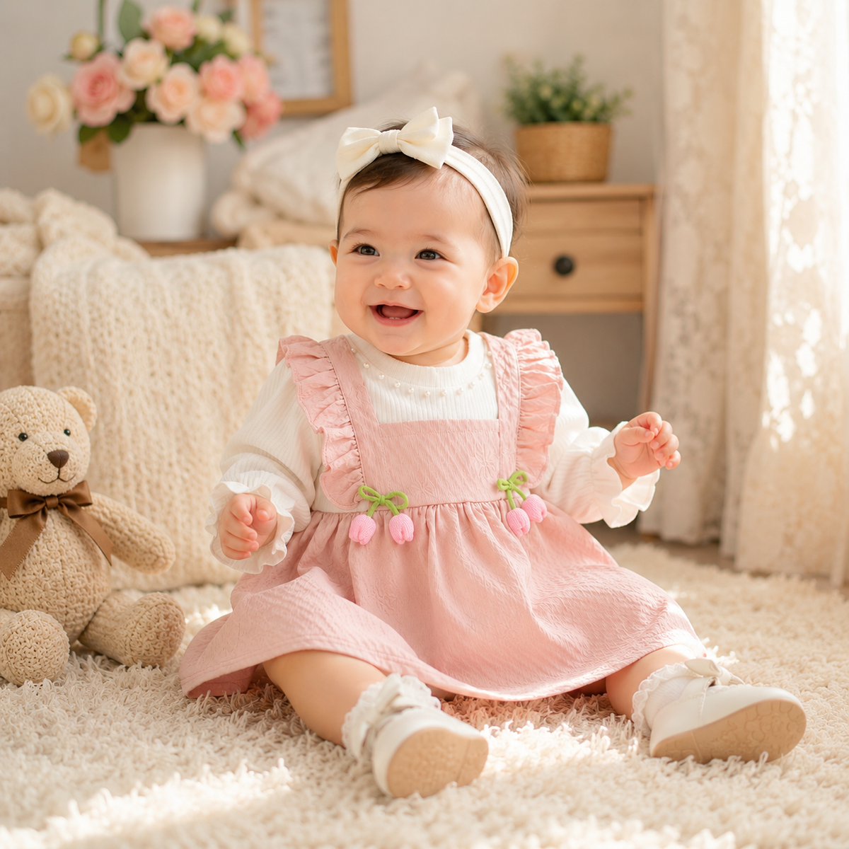 Girl Flower Print Bow Knit Dress - Soft & Long Sleeved