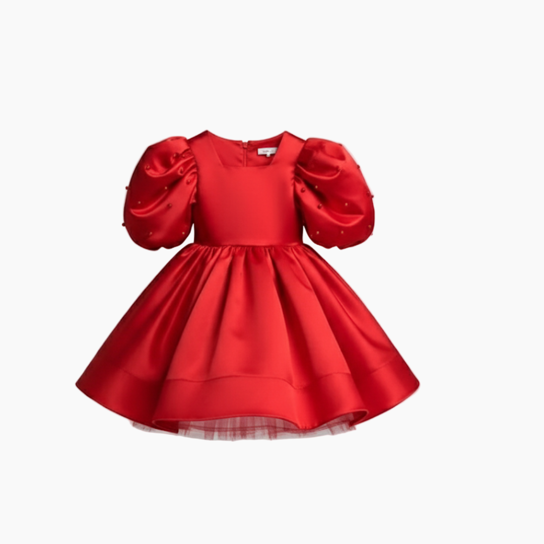 Girl's Satin Puff Sleeve Party Dress
