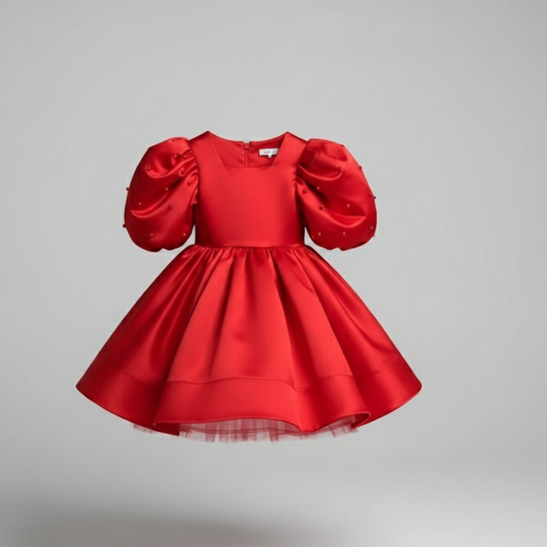 Girl's Satin Puff Sleeve Party Dress