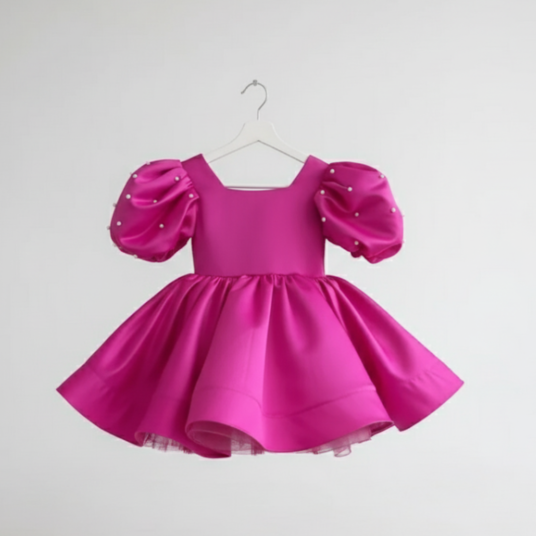 Girl's Satin Puff Sleeve Party Dress