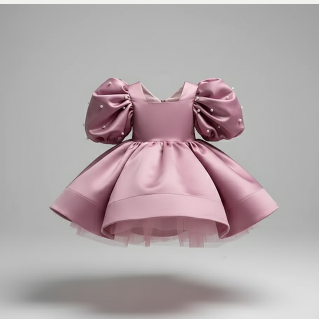 Girl's Satin Puff Sleeve Party Dress