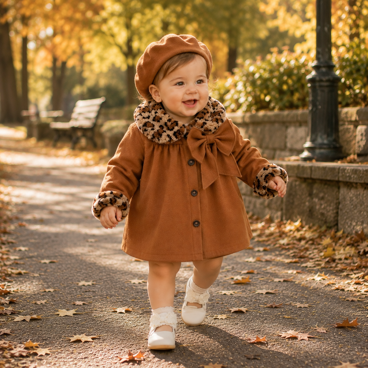 Baby Girl Leopard Print Woolen-Style Coat & Beret Set