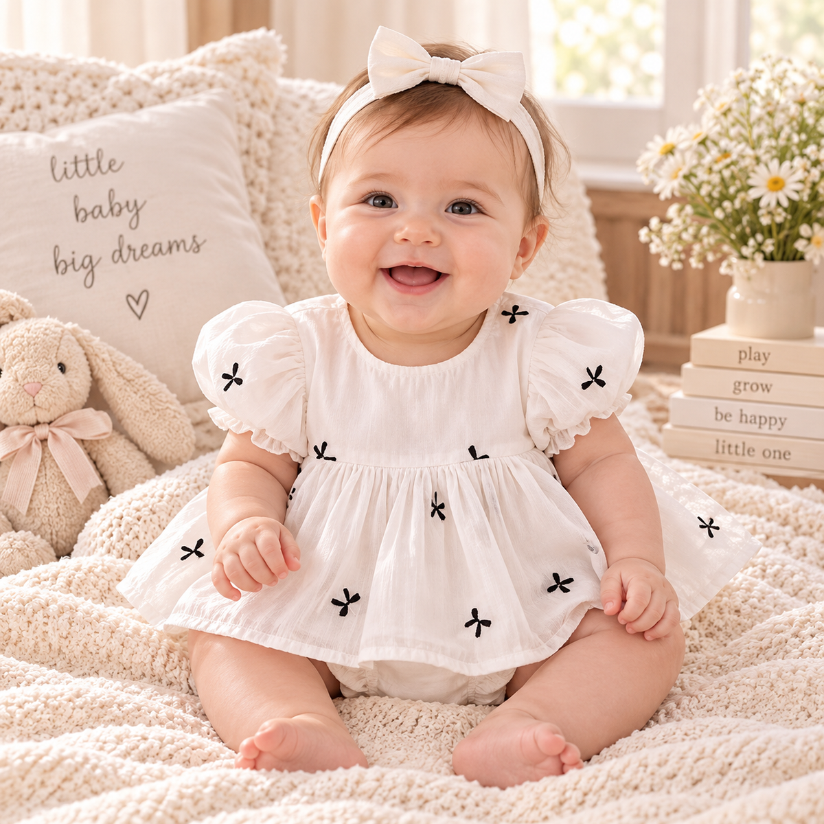 Baby Girl Bubble Sleeve Bow Romper