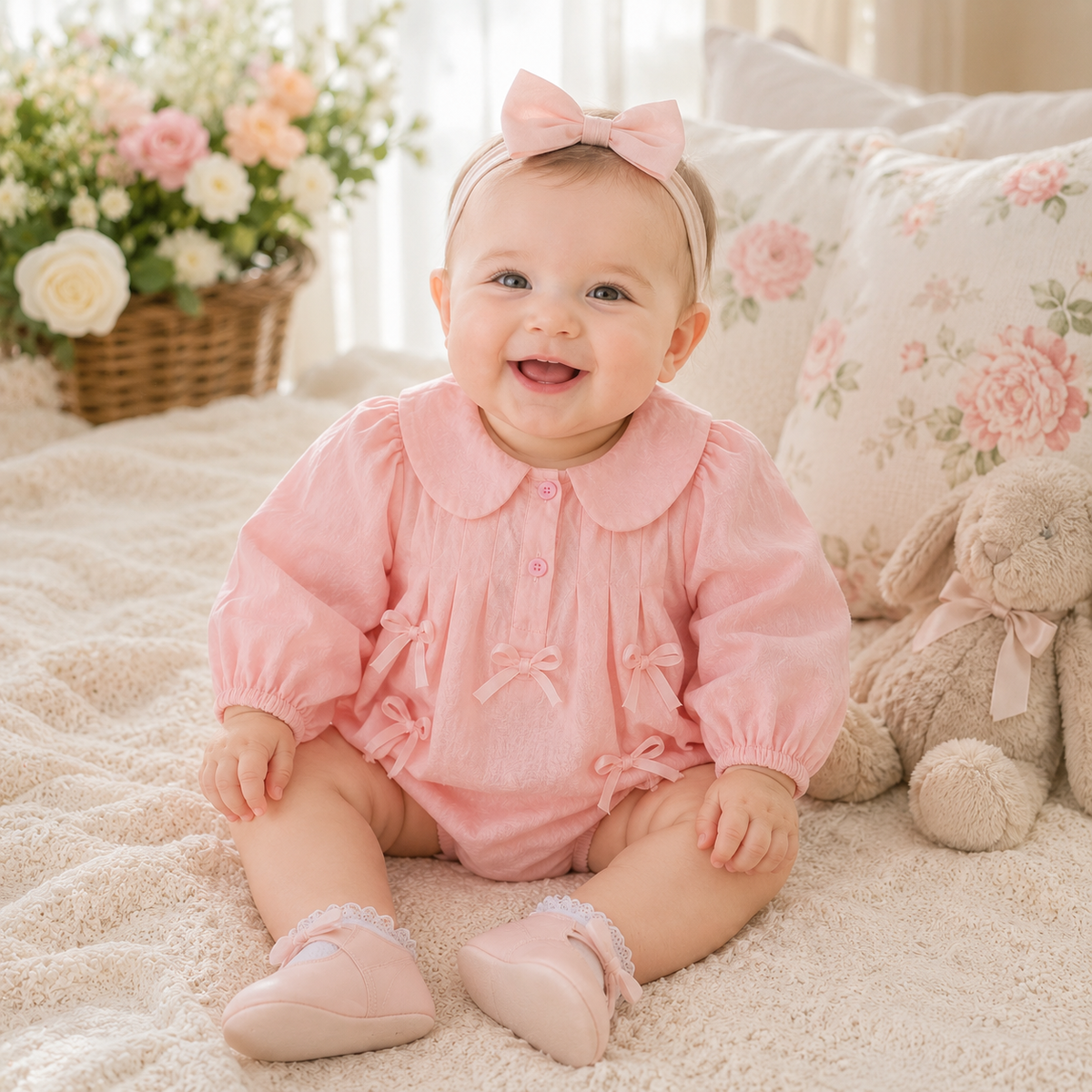 Baby Girl Long Sleeve Cotton Princess Romper with Bow