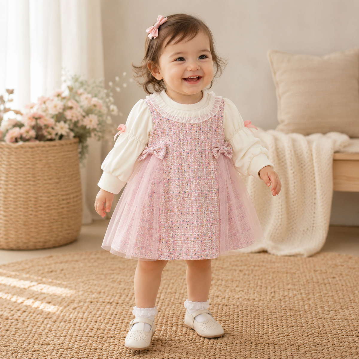 Checkered Bow Baby Girl Princess Dress Long Sleeve
