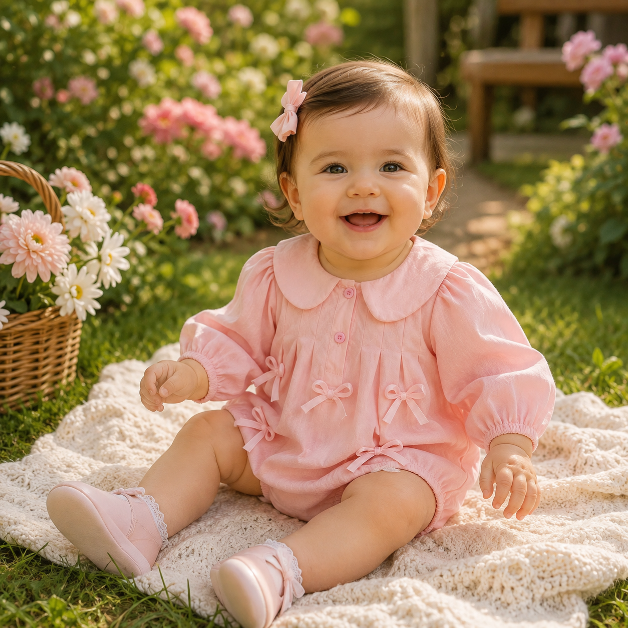 Baby Girl Long Sleeve Cotton Princess Romper with Bow