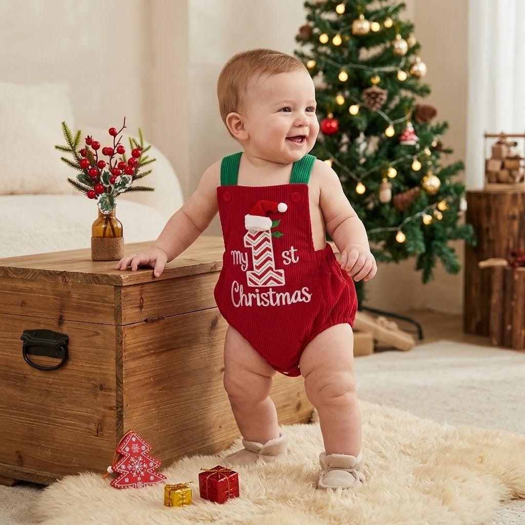 Baby Christmas Embroidered Suspender Bodysuit
