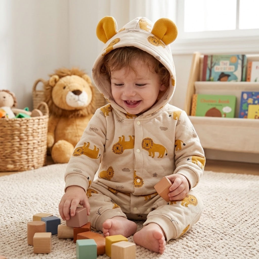 Baby Boys Animal Print Hooded Romper