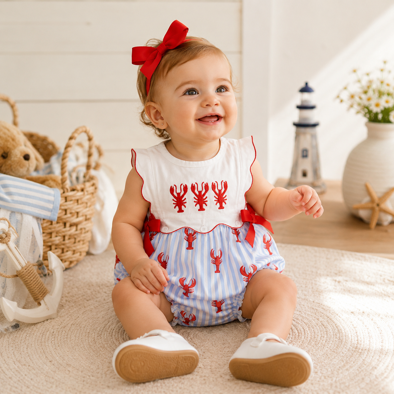 Baby Girl Lobster Embroidery Stripe Sleeveless Romper with Red Bows