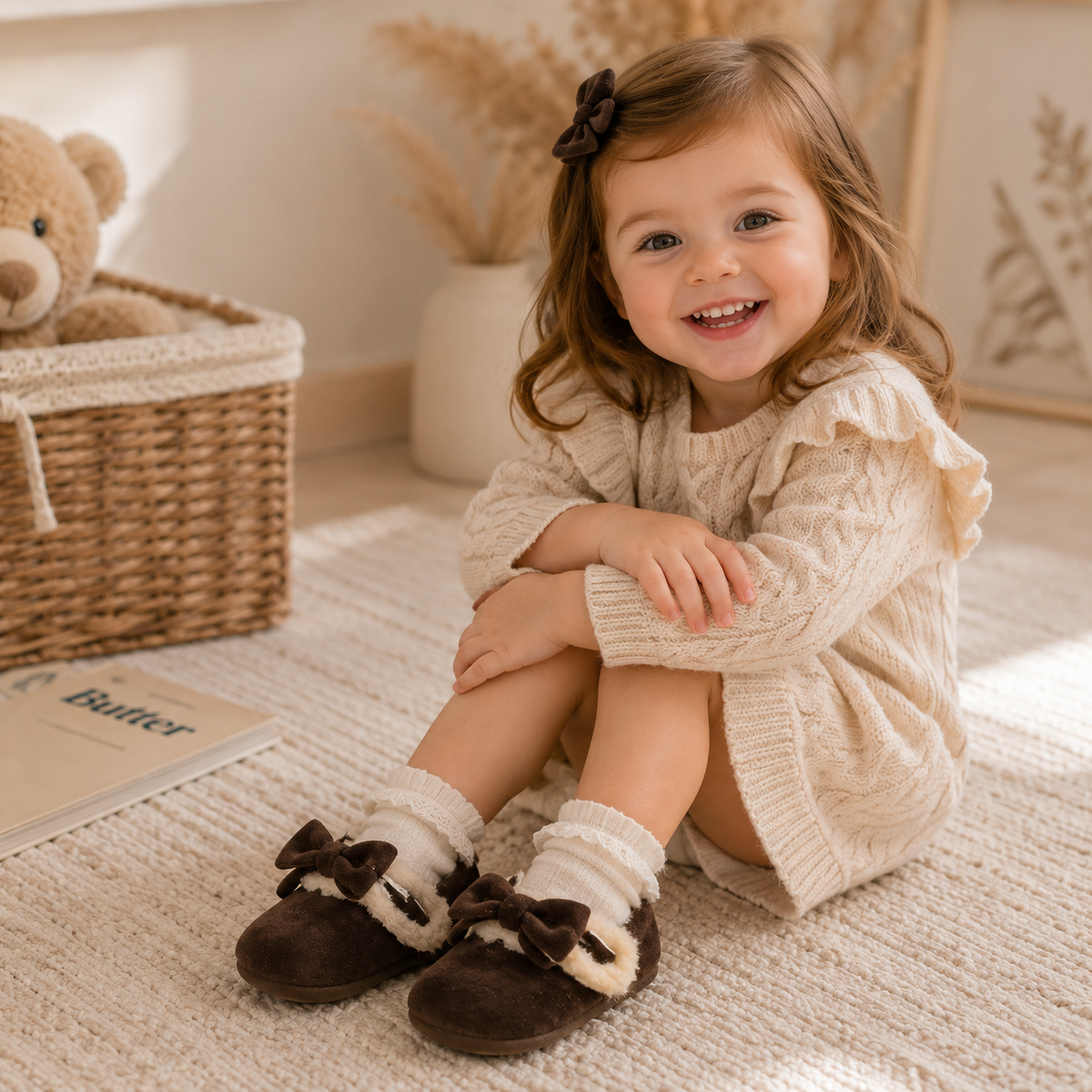 Retro Bow Plush Fur Children's Flats - Warm Fluffy Kids Casual Shoes