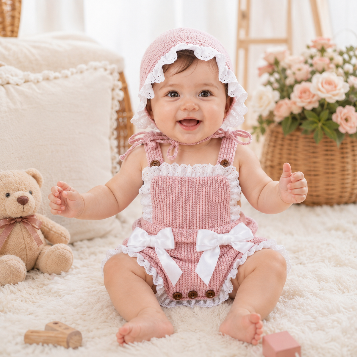 Baby Girl Knitted Romper & Hat Set