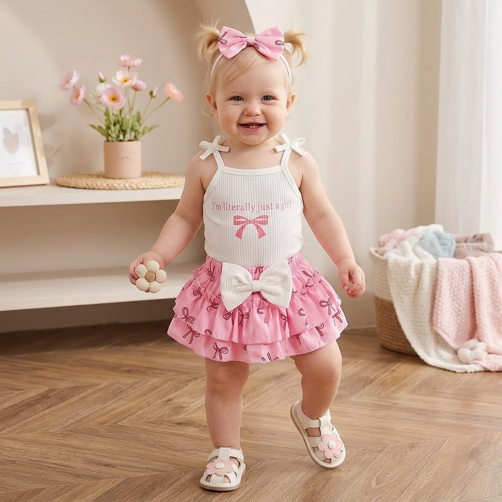 Baby Girls’ Summer Bow Print Romper Outfit