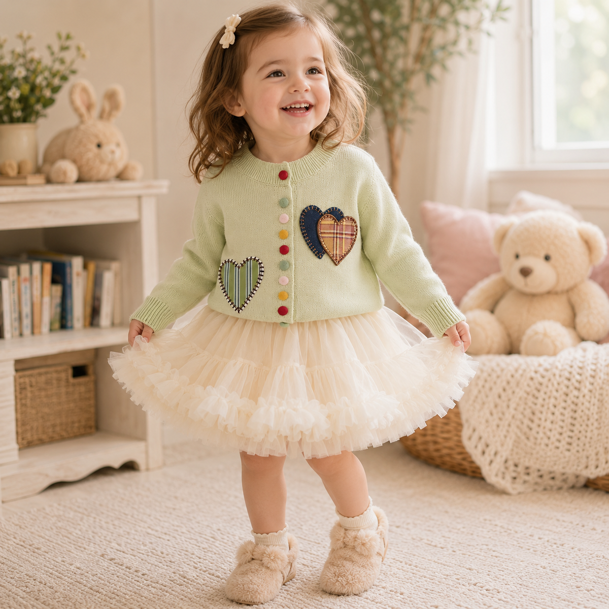Girls Knitted Cardigan and Tutu Skirt Set - Heart Patchwork 2PCS