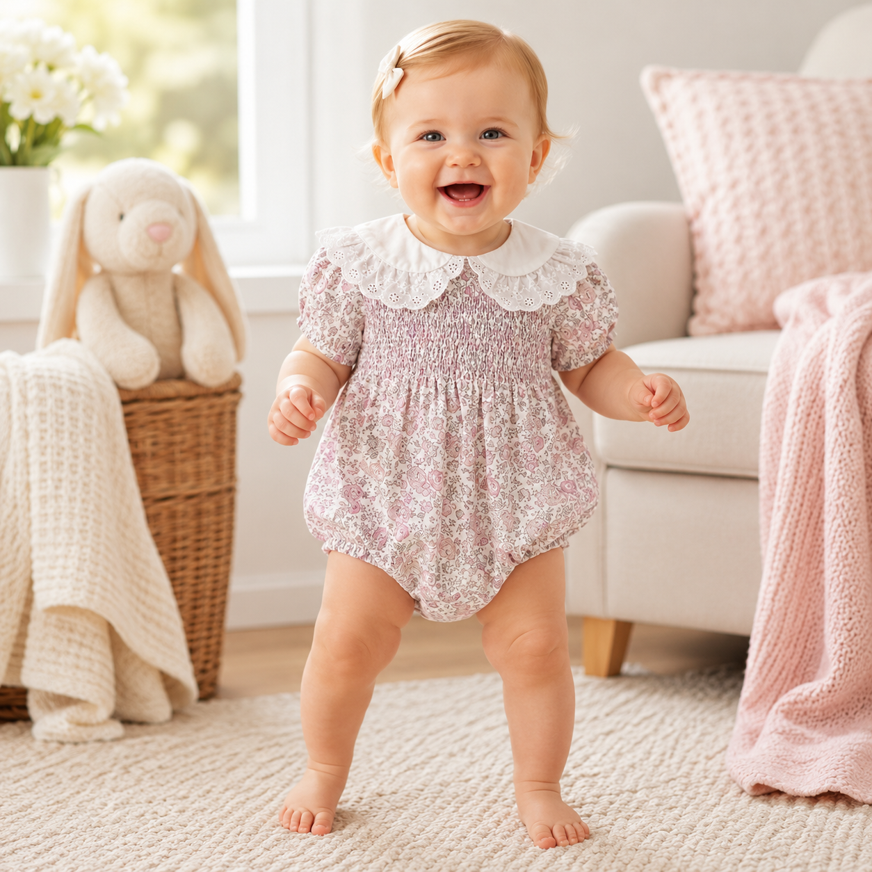 Baby Girl Floral Smocked Lace Collar Cotton Romper