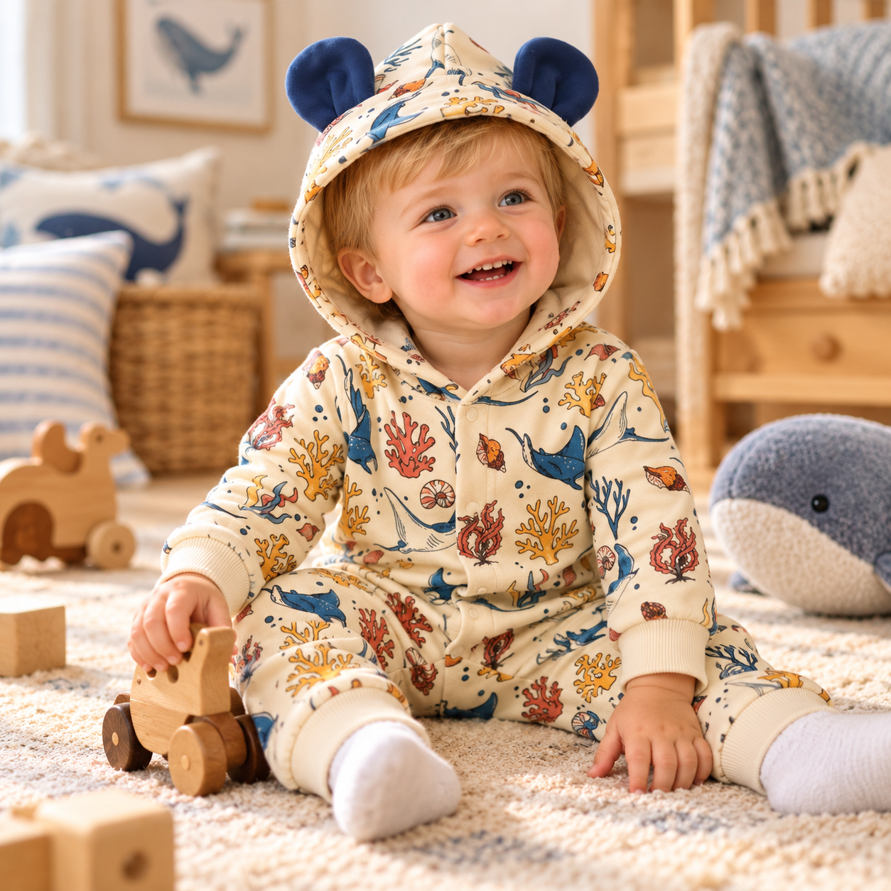 Baby Boys Animal Print Hooded Romper