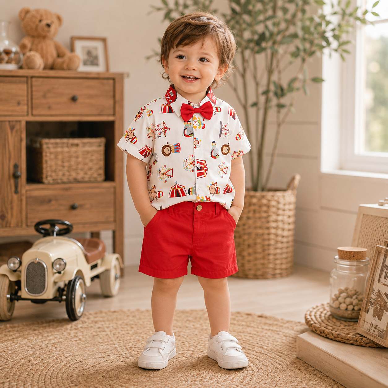 Boys Farm Circus Print 2-Piece Outfit Set with Bow Tie
