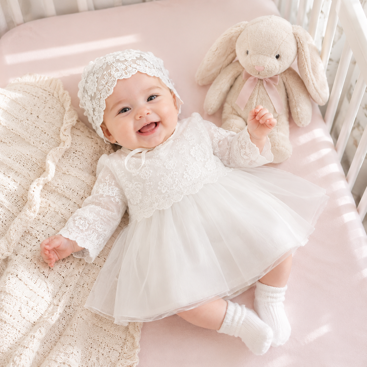 Newborn Princess Lace Tulle Dress with Hat- White Christening Gown