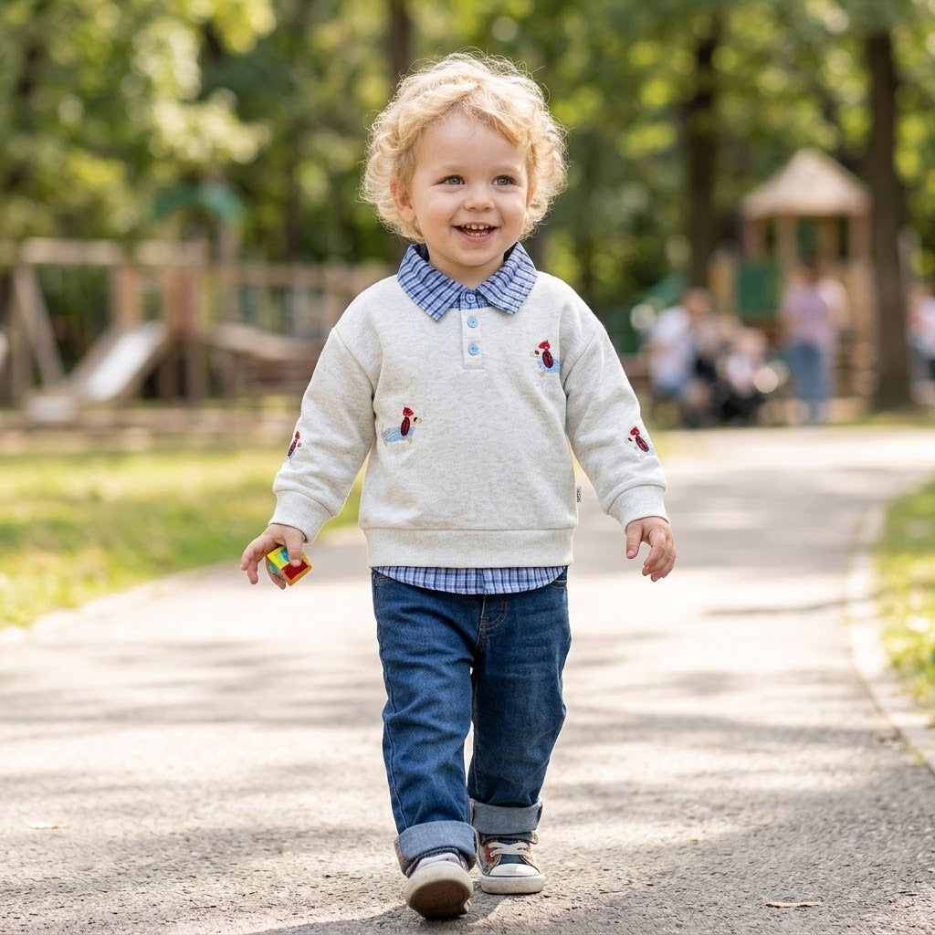 Boys Embroidered Plaid Collar Top & Pants Set