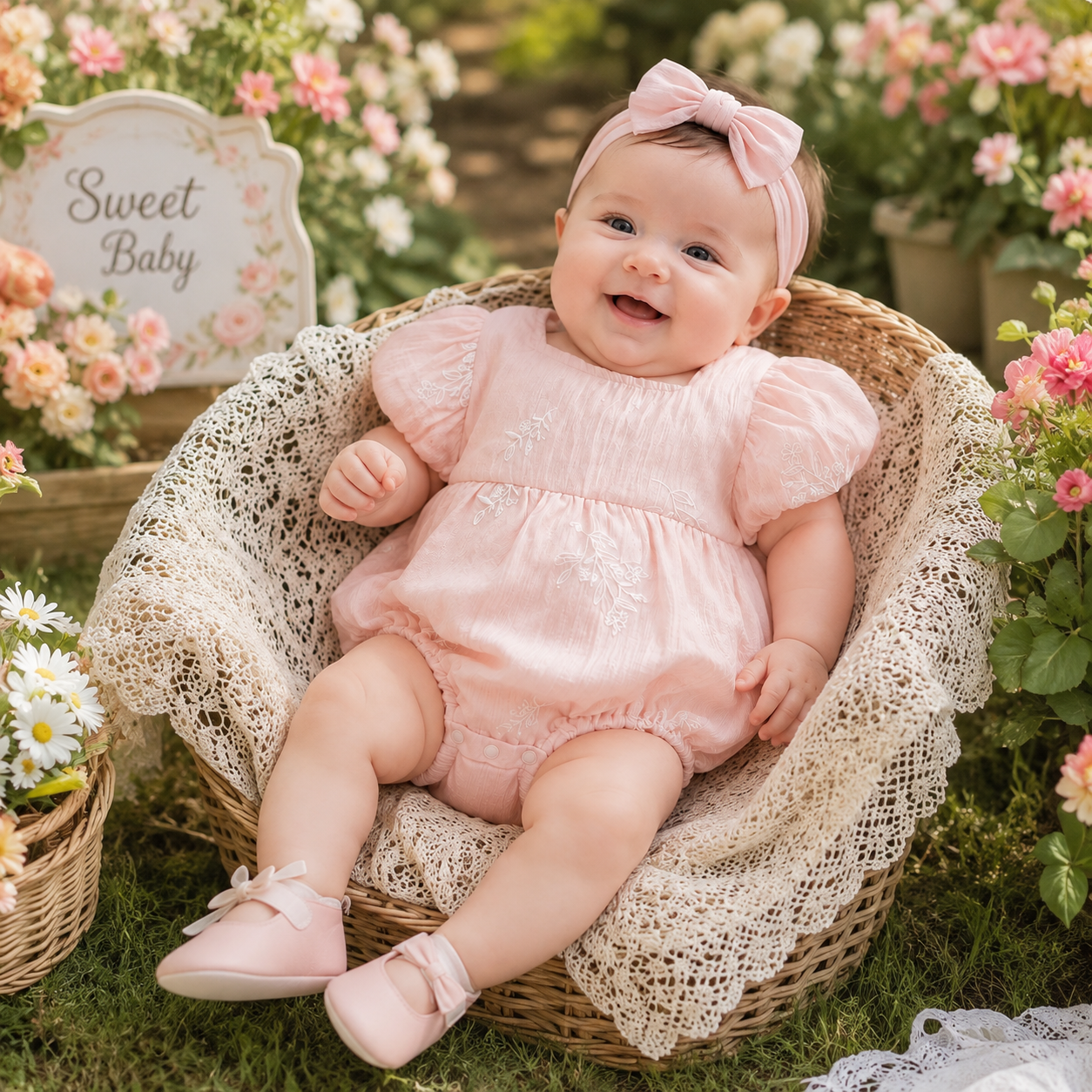 Baby Girl Embroidered Cotton Bubble Sleeve Princess Romper