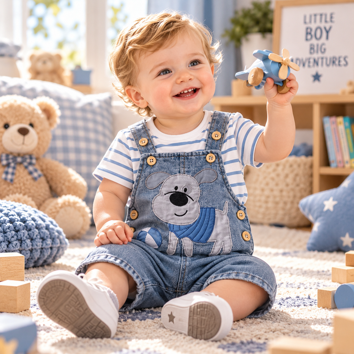 Baby Boy Striped T-Shirt & Bear Overall Set