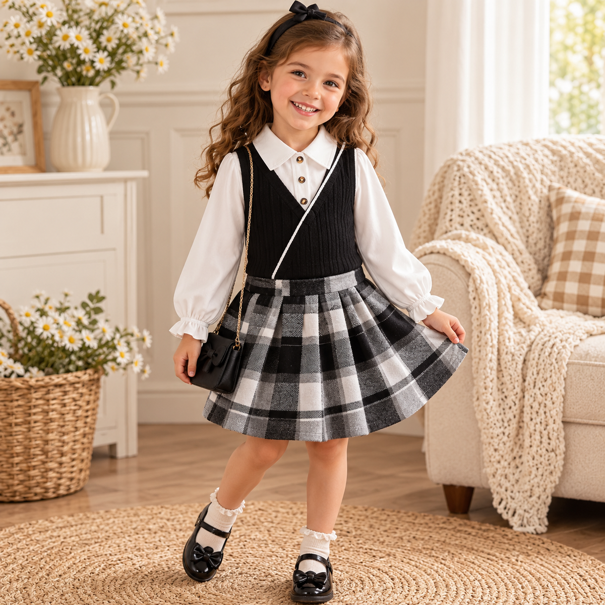 Girls' 3-Piece College Style Set: Top, Checkered Skirt & Bag (4-7T)