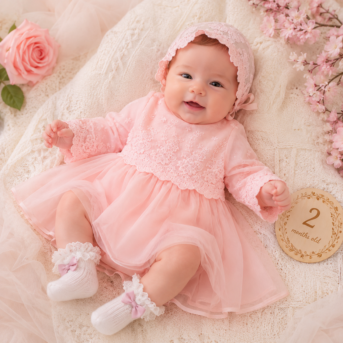 Newborn Princess Lace Tulle Dress with Hat- White Christening Gown