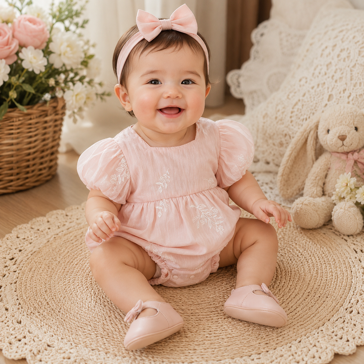 Baby Girl Embroidered Cotton Bubble Sleeve Princess Romper