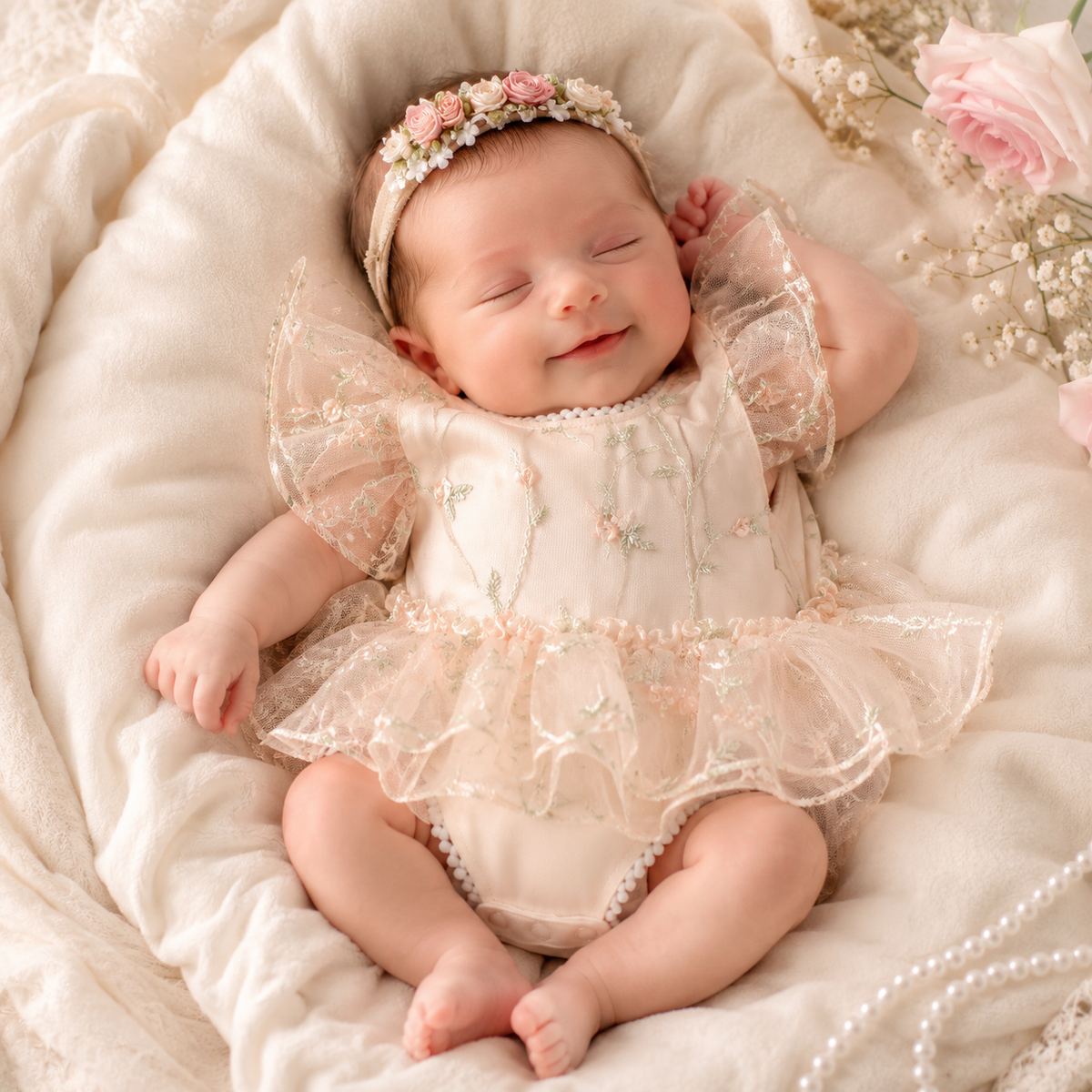 Newborn Daisy Embroidered Romper- Baby Girl Mesh Photo Outfit