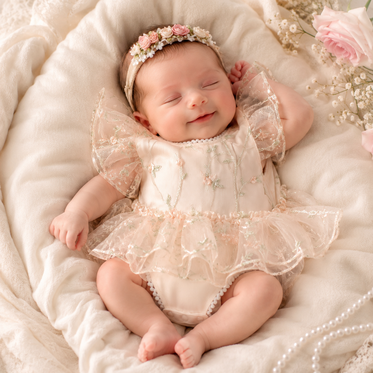 Newborn Daisy Embroidered Romper- Baby Girl Mesh Photo Outfit