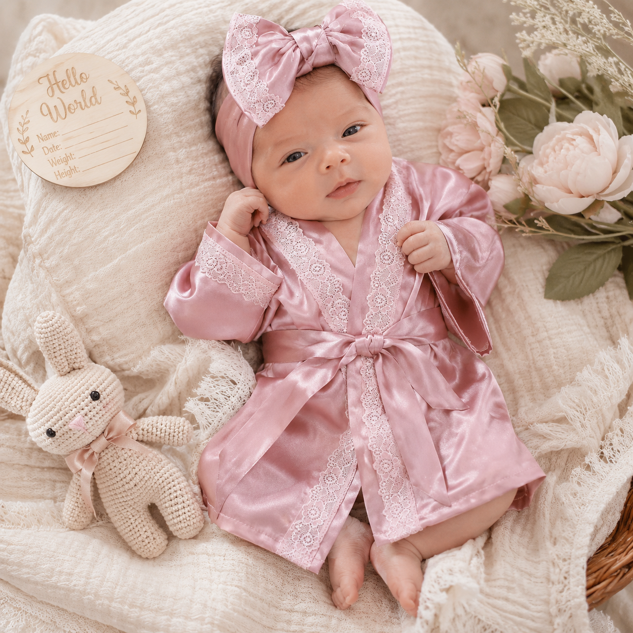 Newborn Lace Bathrobe Photo Set for Baby Girls - Robe, Turban Hat and Slippers