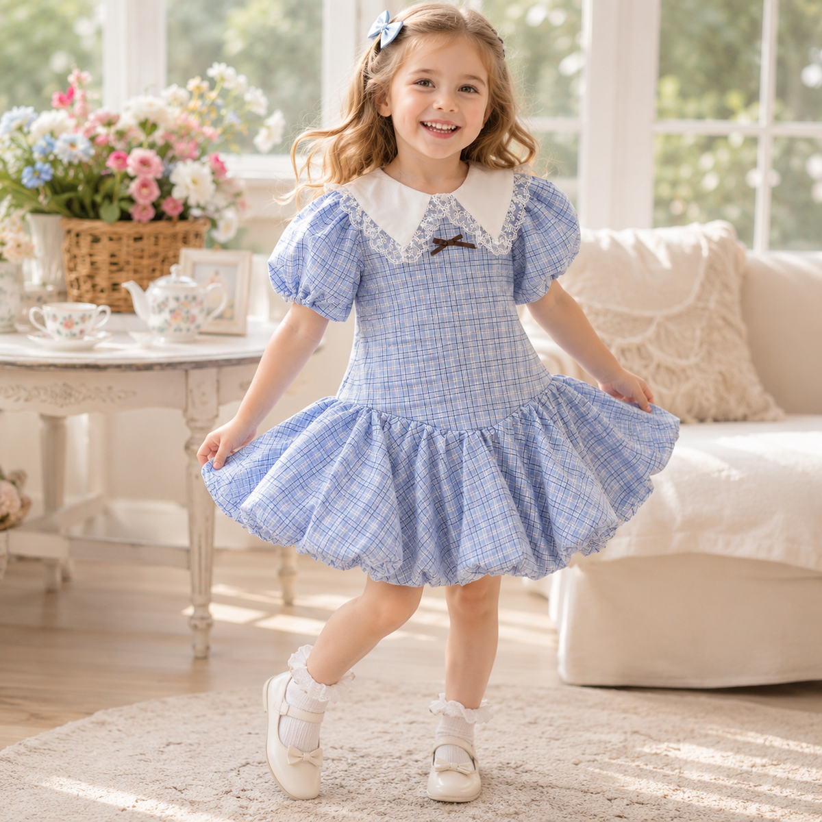 Girls Blue Plaid Puff Sleeve Lace Collar Bubble Hem Dress
