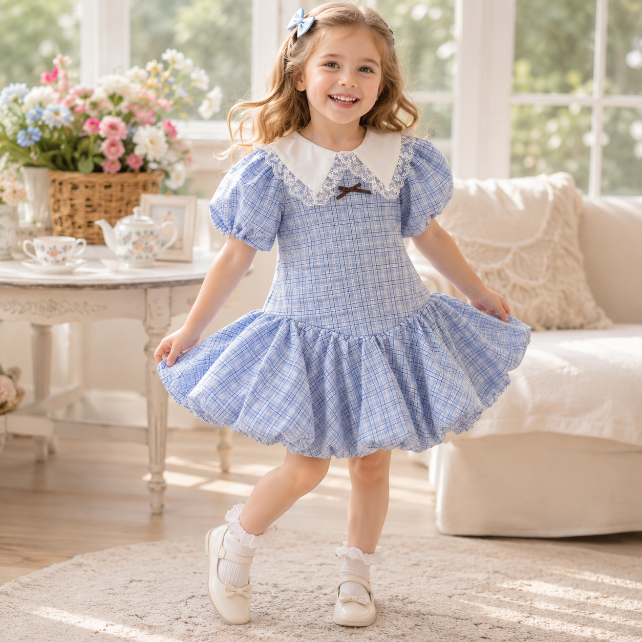 Girls Blue Plaid Puff Sleeve Lace Collar Bubble Hem Dress