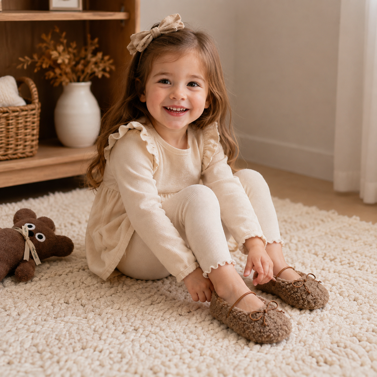 Toddler Girls Winter Mary Jane Flats - Warm Fur Bowtie Shoes