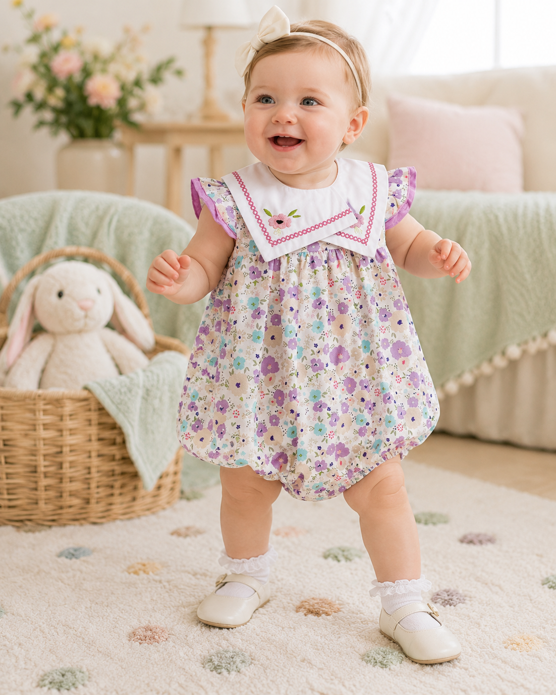 Baby Girl Floral Embroidery Square Collar Sleeveless Bodysuit | Newborn Jumpsuit