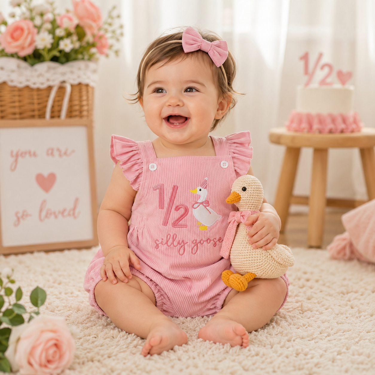 Baby Girl Birthday Outfit - Embroidered Fly Sleeves & Headband