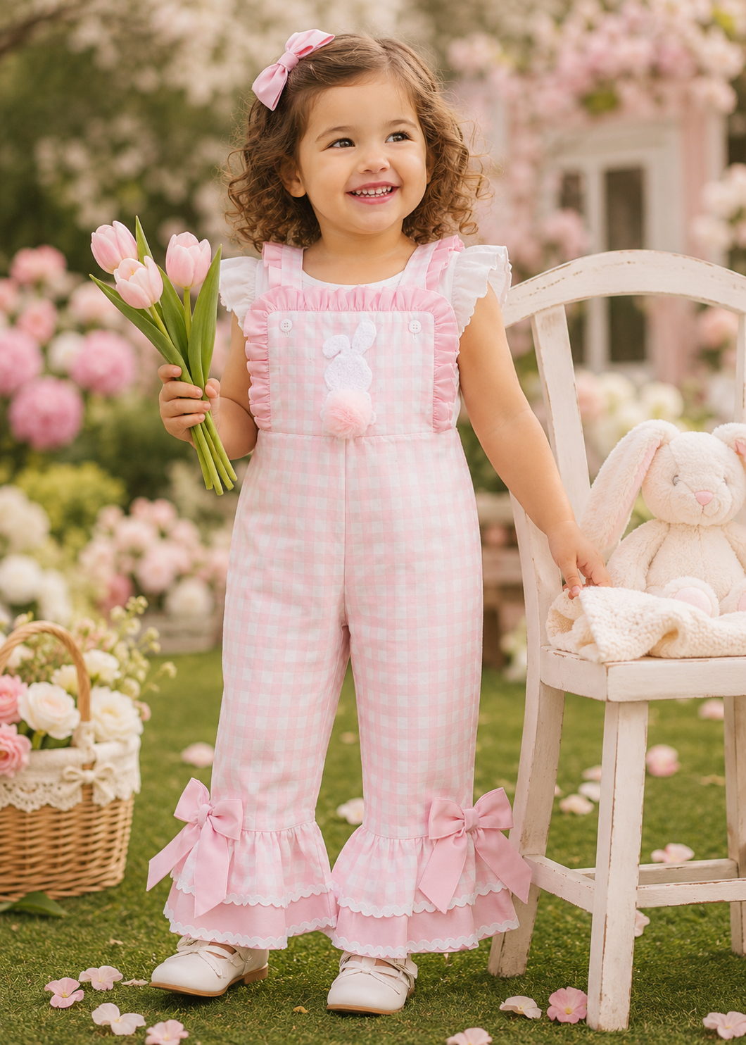 Toddler Girl Bunny Ruffle Bell-Bottom Plaid Romper Jumpsuit