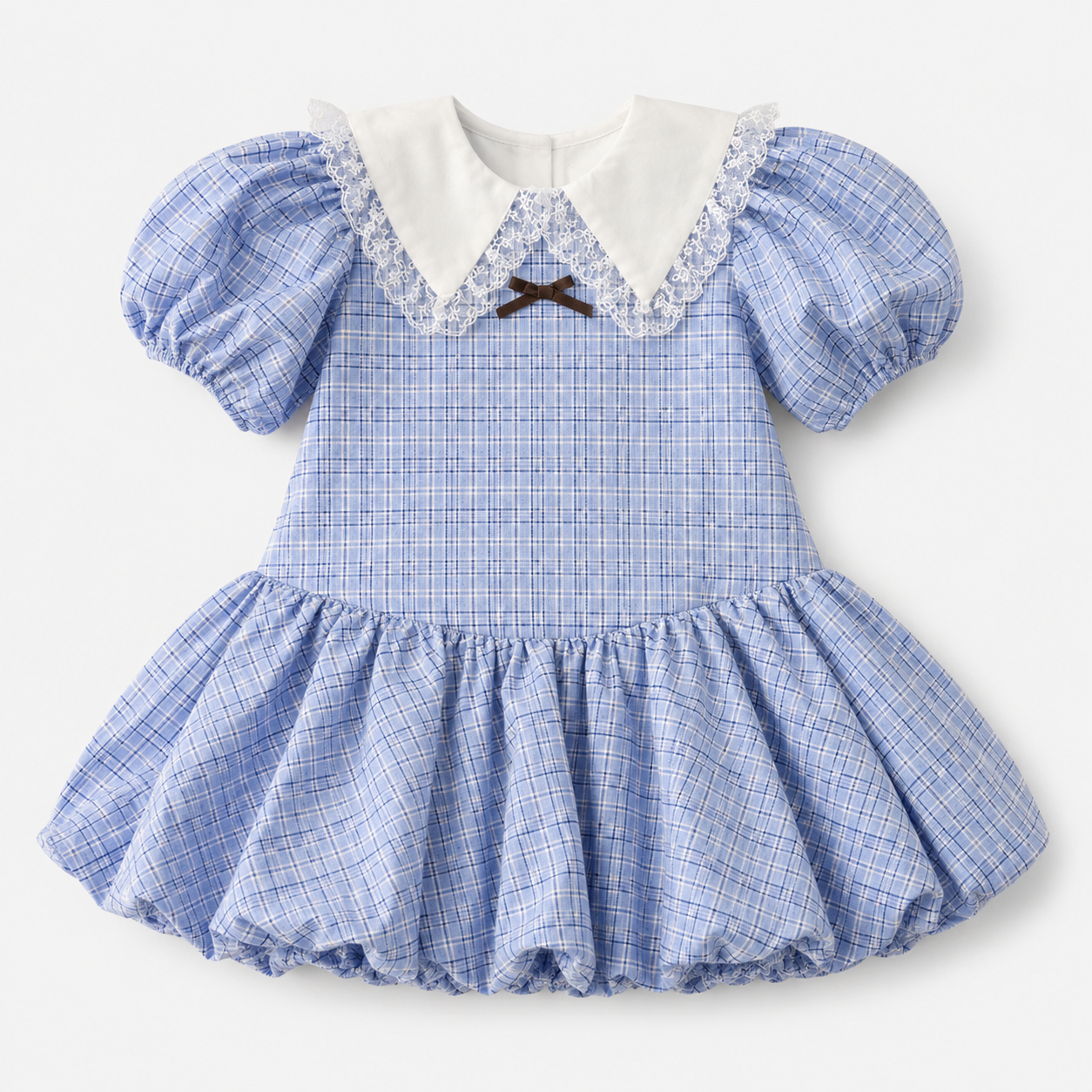 Girls Blue Plaid Puff Sleeve Lace Collar Bubble Hem Dress