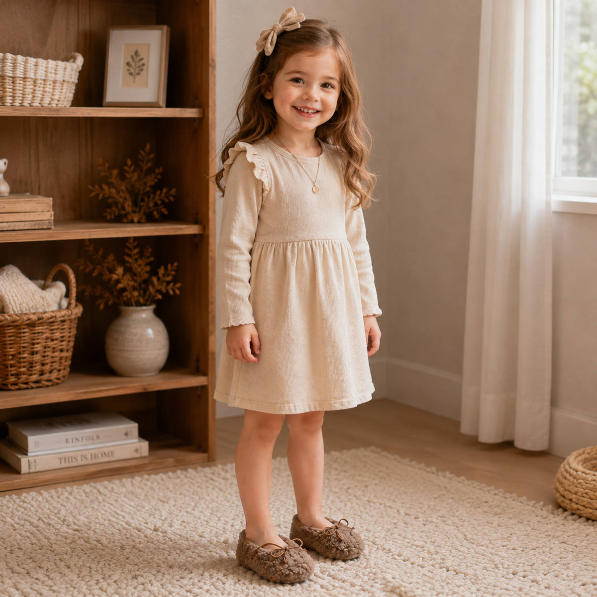 Toddler Girls Winter Mary Jane Flats - Warm Fur Bowtie Shoes