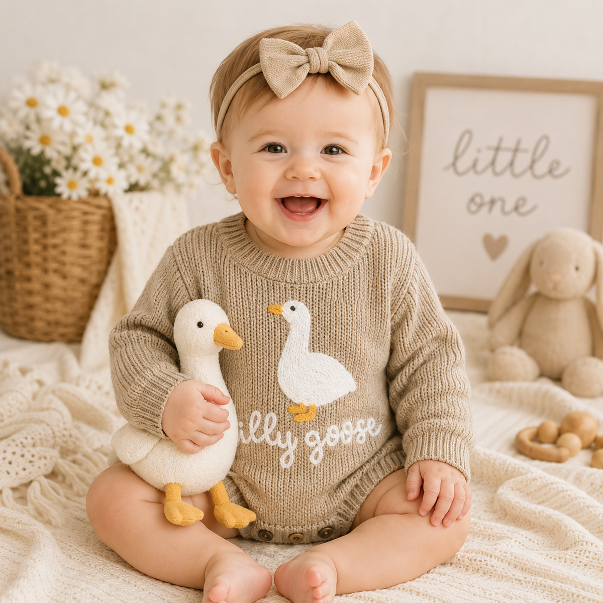 Infant Baby Knitted Long Sleeve Goose Embroidery Romper Jumpsuit