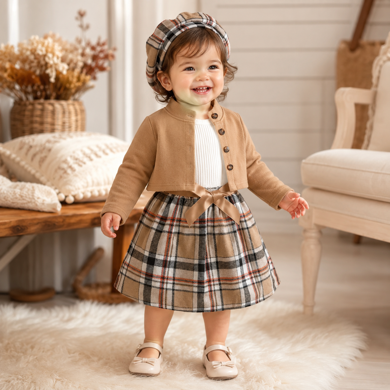 Girl 3-Piece Ruffle Plaid Skirt & Jacket Outfit