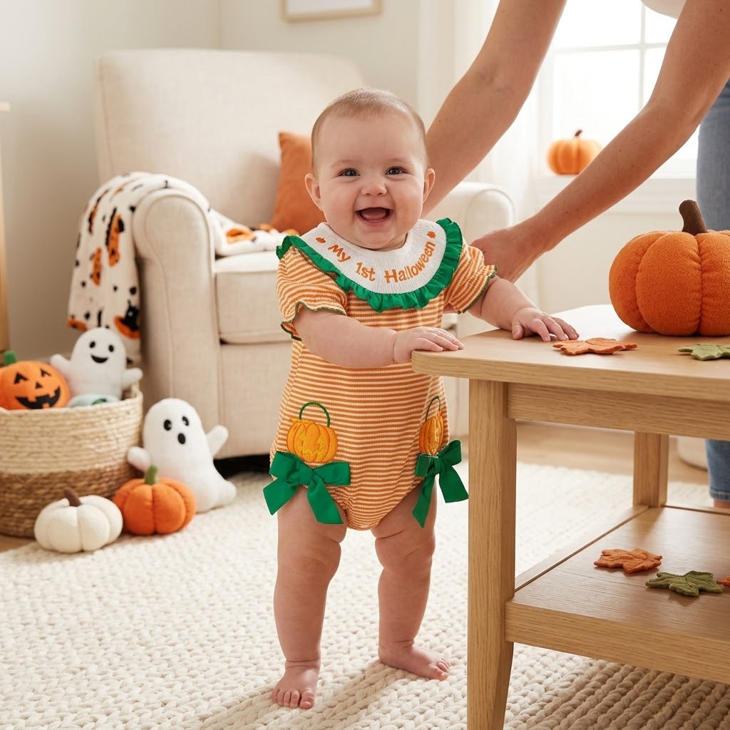 Baby Girl First Halloween Pumpkin Embroidered Bodysuit