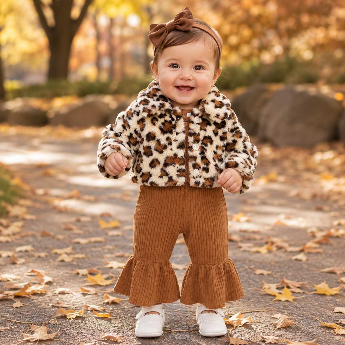 Baby Girl Leopard Faux Fur Jacket & Corduroy Flare Set