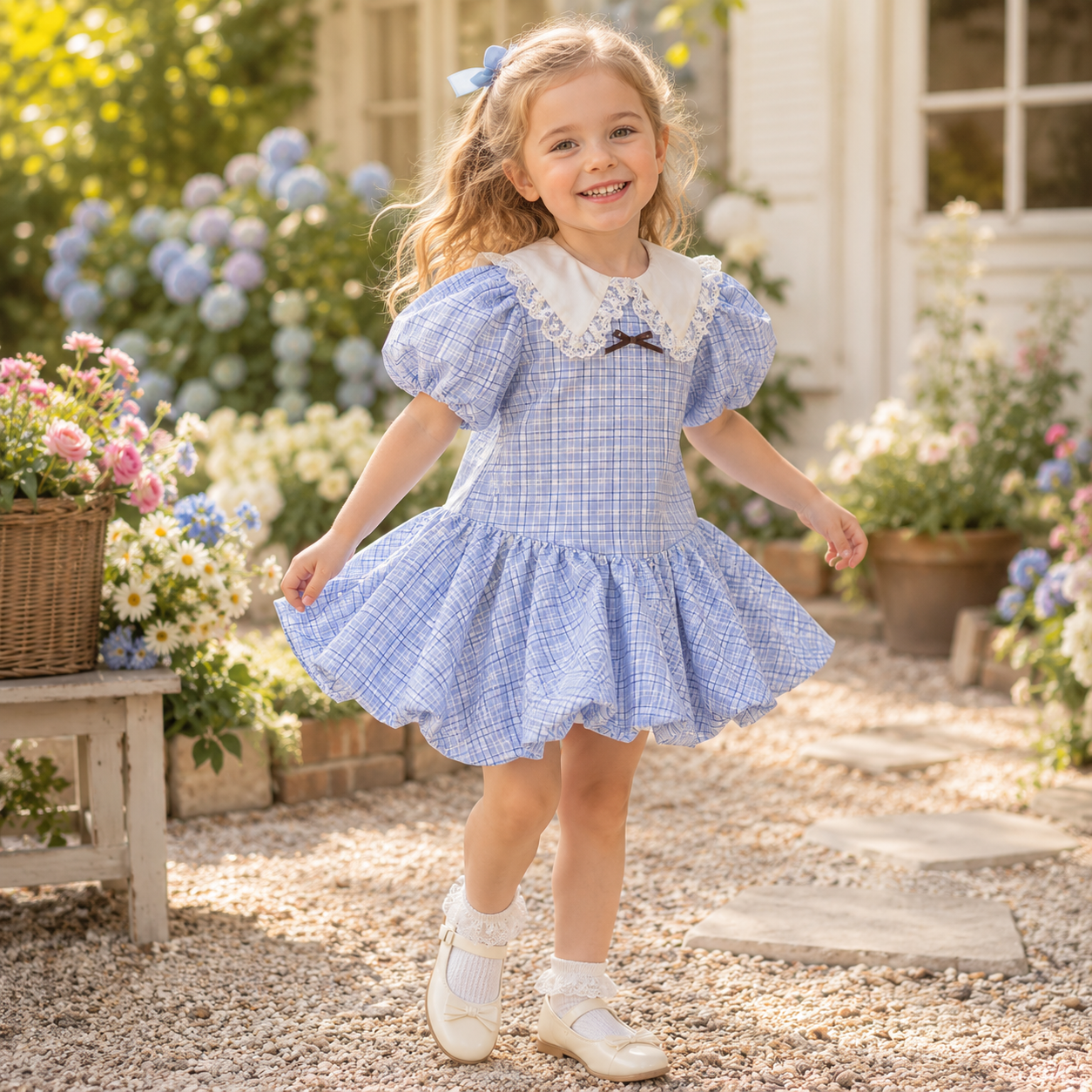 Girls Blue Plaid Puff Sleeve Lace Collar Bubble Hem Dress