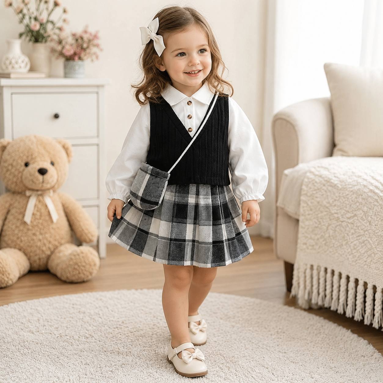 Girls' 3-Piece College Style Set: Top, Checkered Skirt & Bag (4-7T)