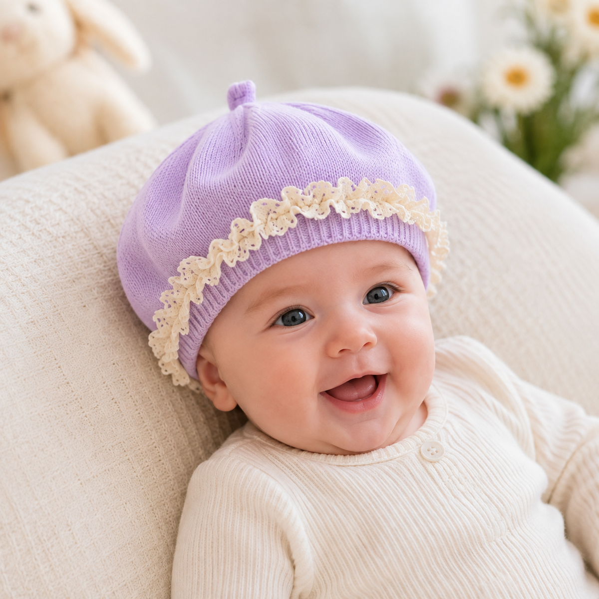 Baby Girl Lace Ruffle Knit Beret Soft Cotton Hat