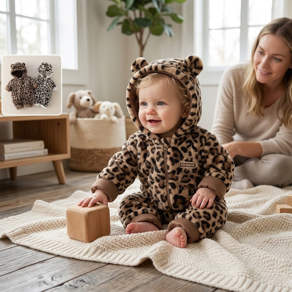 Baby Winter Hooded Romper with Fur Lining Leopard Print